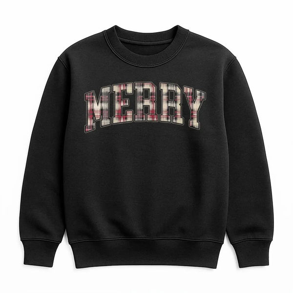 Red Plaid Varsity Letter Sweater, Merry Christmas Sweatshirt, Retro Holiday Crewneck Sweatshirt, Comfy Winter Xmas Sweatshirt