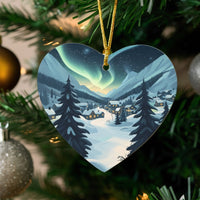 Snowy Winter Village Ceramic Keepsake, Northern Lights Heart Ornament, Aurora Landscape Tree Ornament, Christmas Holiday Ornament