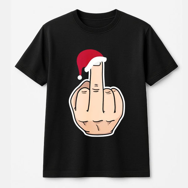 Sarcastic Santa Hat Graphic Tee, Humorous Middle Finger Christmas T-Shirt, Rude Holiday Xmas Shirt, Humorous Gag Present for 