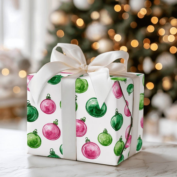 Watercolor Bauble Wrapping Paper, Pink Green Christmas Ornament Wrapping Paper, Festive Holiday Gift Wrap, Xmas Present Wrapp