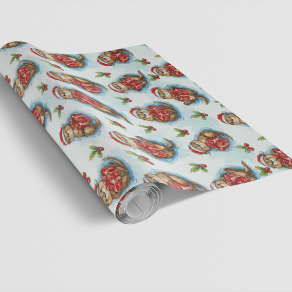 Watercolor Animal Santa Hat Gift Wrap, Adorable Otter Christmas Wrapping Paper, Whimsical Holiday Present Paper, Otter Lover 