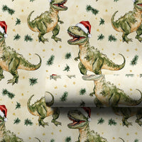 Christmas Dino Gift Wrap, Santa Hat T-Rex Dinosaur Wrapping Paper, Adorable Holiday Dinosaur Wrapping Paper, Kids Festive Gift Wrapping Paper