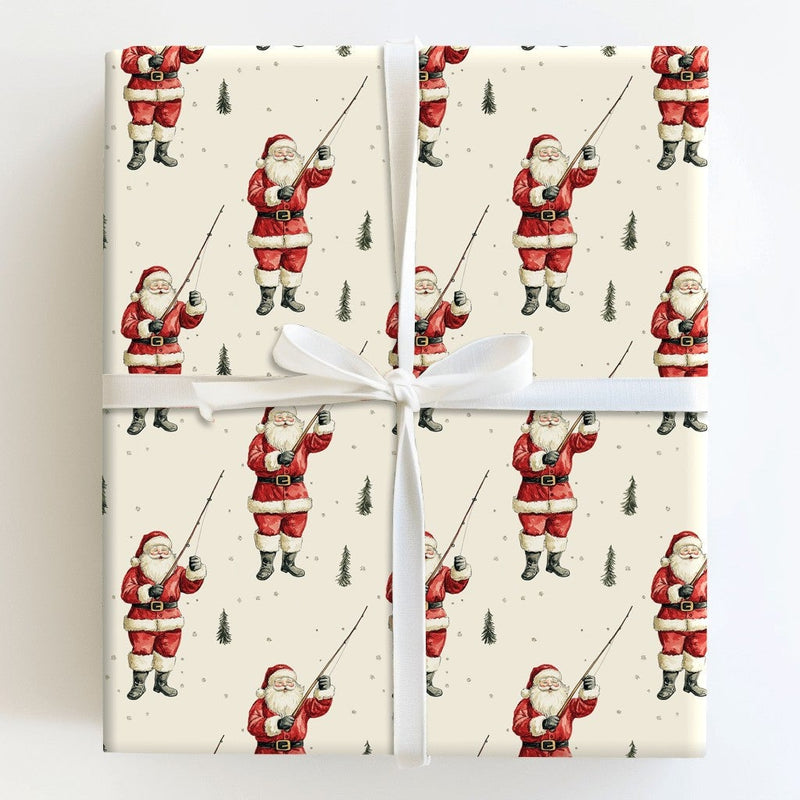 Fisherman Christmas Gift Wrap, Fishing Santa Wrapping Paper, Pine Tree Holiday Wrapping Paper, Outdoor Santa Present Wrap Roll
