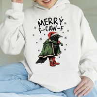 Humorous Crow Santa Sweatshirt, Merry F-Caw-F Christmas Hoodie, Bird Lover Xmas Pullover Hoodie, Holiday Graphic Hooded Sweater, Winter Present