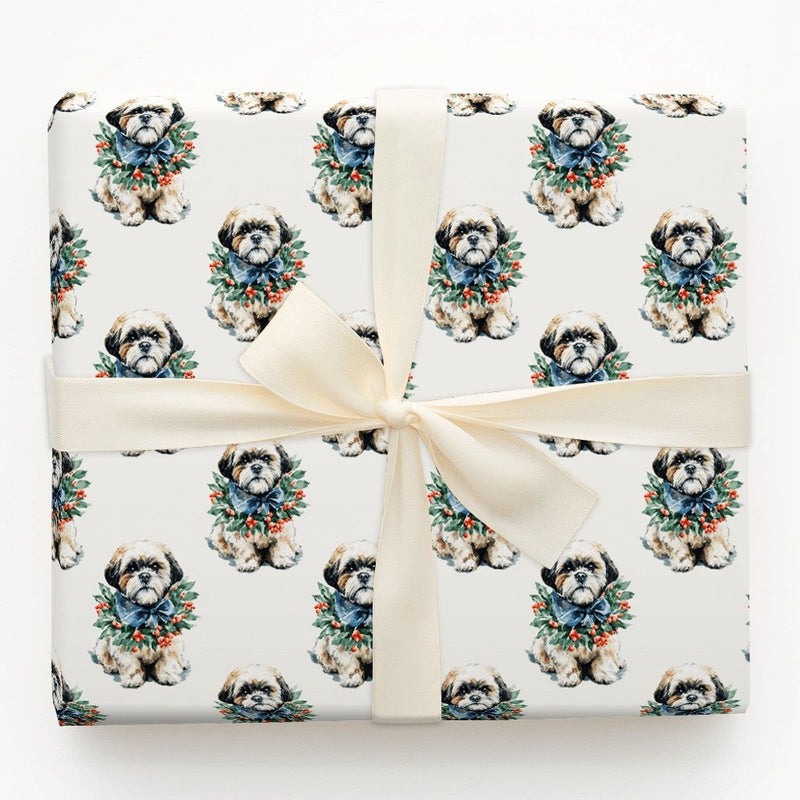 Dog Wreath Holiday Gift Wrap, Shih Tzu Christmas Wrapping Paper, Adorable Shih Tzu Puppy Wrapping Paper, Dog Lover Xmas Gift Wrap Roll