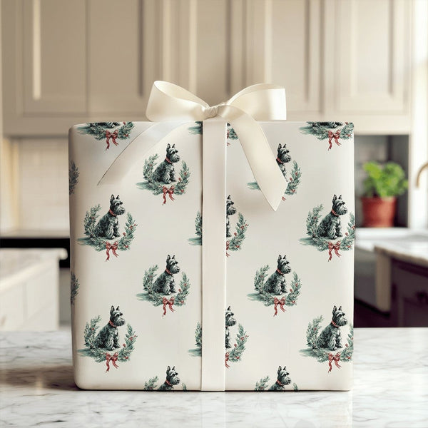 Scottie Dog Wreath Gift Wrap, Scottish Terrier Christmas Wrapping Paper, Adorable Dog Lover Holiday Wrapping Paper, Festive S