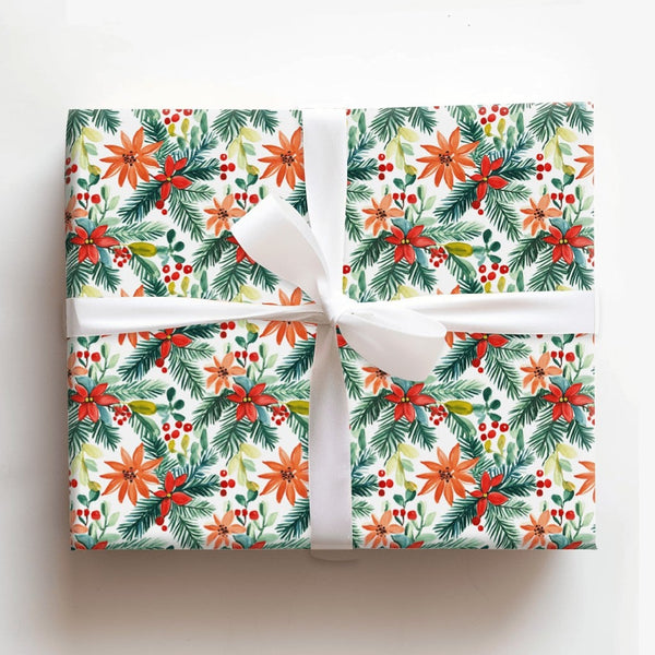 Christmas Holly Gift Wrap, Watercolor Poinsettia Wrapping Paper, Botanical Pine Wrapping Paper Roll, Festive Holiday Present 