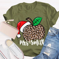 Custom Name Christmas T-Shirt, Personalized Leopard Santa Hat Shirt, Festive Holiday Graphic Tee, Comfy Xmas Present for Her, Adorable Top