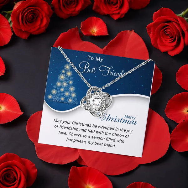 Sparkling CZ Crystal White Gold Pendant, Best Friend Love Knot Necklace, Meaningful Bestie Love Knot Jewelry, Christmas Holid