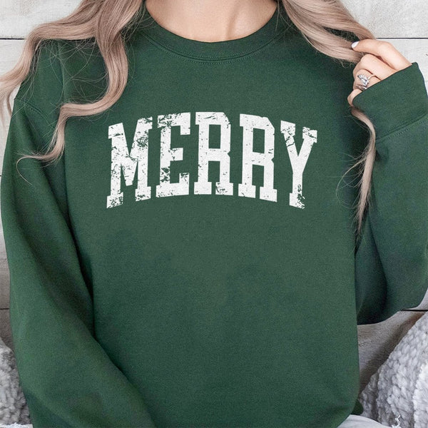 Retro Varsity Font Holiday Crewneck, Merry Christmas Sweatshirt, Vintage Xmas Graphic Sweater, Festive Seasonal Pullover Pres
