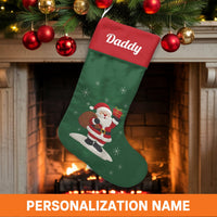 Custom Name Surf Holiday Stocking, Personalized Surfing Santa Christmas Stocking, Tropical Coastal Xmas Stocking, Beach Decor Present for Dad