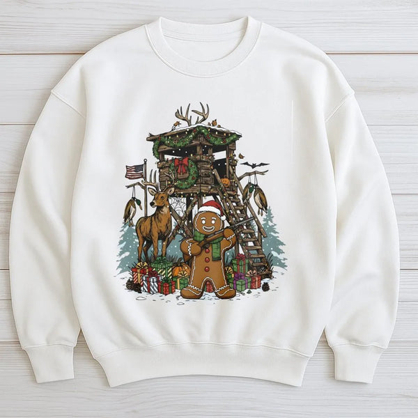 Humorous Deer Hunter Sweatshirt, Gingerbread Man Hunting Sweatshirt, Christmas Cabin Scene Pullover, Holiday Hunting Sweatshi