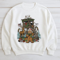 Humorous Deer Hunter Sweatshirt, Gingerbread Man Hunting Sweatshirt, Christmas Cabin Scene Pullover, Holiday Hunting Sweatshirt, Hunter Present