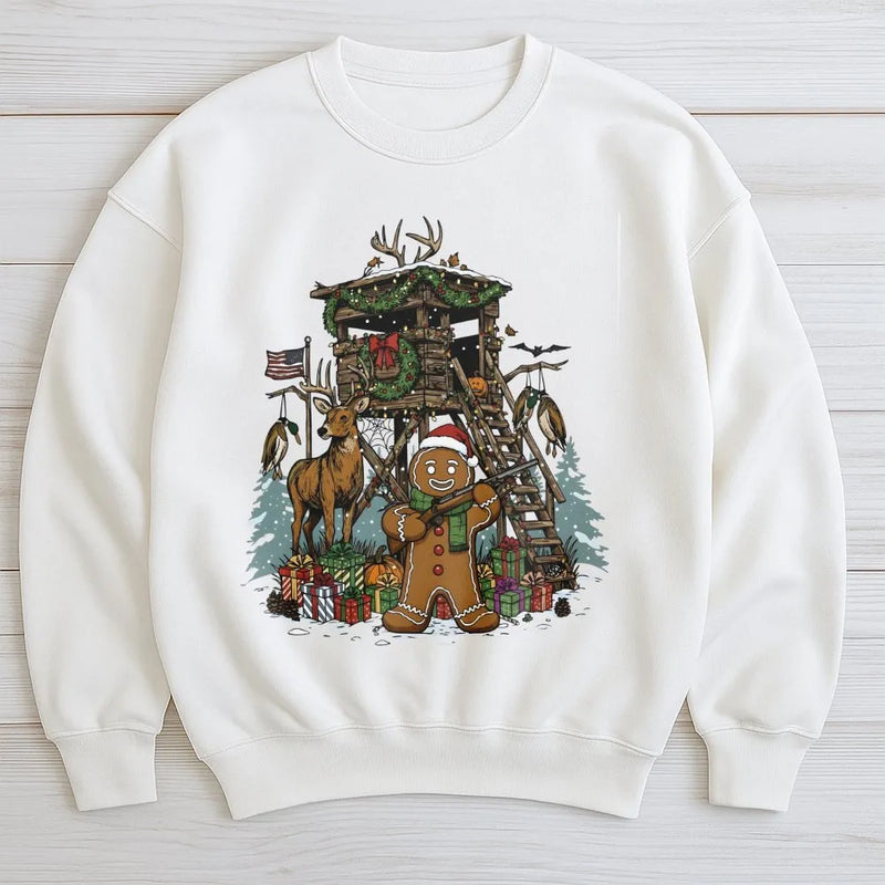 Humorous Deer Hunter Sweatshirt, Gingerbread Man Hunting Sweatshirt, Christmas Cabin Scene Pullover, Holiday Hunting Sweatshirt, Hunter Present