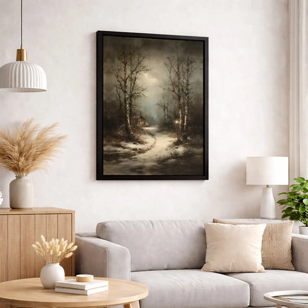 Snowy Cabin Night Landscape Print, Winter Forest Canvas Wall Art, Moody Rustic Path Poster, Christmas Home Decor Digital Down