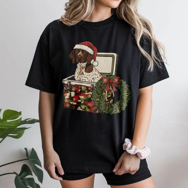 Dog in Gift Box Tee, German Shorthaired Pointer Christmas Shirt, Festive GSP Graphic T-Shirt, Holiday Puppy Dog Lover Shirt, 