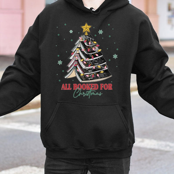 Adorable Book Lover Xmas Tree Hooded Sweatshirt, All Booked for Christmas Hoodie, Comfy Reader Holiday Pullover, Bookish Xmas