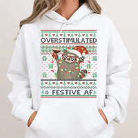 Humorous Christmas Raccoon Sweatshirt, Overstimulated and Festive AF Raccoon Hoodie, Adorable Holiday Raccoon Pullover, Festive Raccoon Hoodie