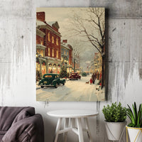 Snowy Street Canvas Print, Vintage Christmas Town Canvas Wall Art, Classic Car Winter Canvas, Holiday Season Wall Decor, Festive Home Present