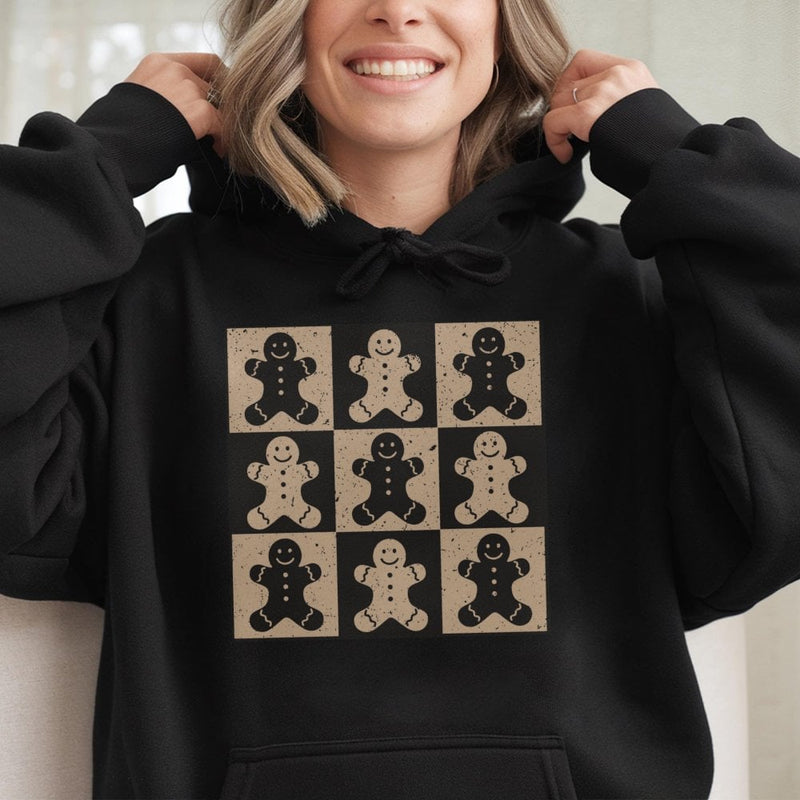 Checkered Christmas Hoodie, Gingerbread Man Hoodie, Adorable Xmas Baking Hooded Sweatshirt, Retro Holiday Cookie Hoodie, Baker Winter Present