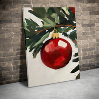 Red Bauble Pine Branch Canvas Print, Christmas Ornament Wall Art, Rustic Holiday Oil Painting Style Wall Art, Winter Festive Decor Present