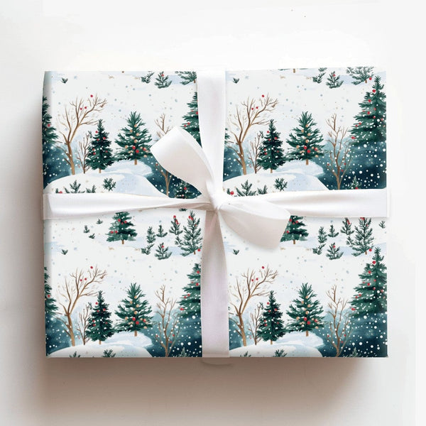 Snowy Forest Holiday Gift Wrap, Watercolor Christmas Wrapping Paper, Winter Landscape Wrapping Paper, Pine Tree Festive Gift 