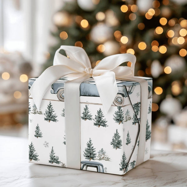 Rustic Winter Forest Gift Wrap, Vintage Blue Truck Christmas Wrapping Paper, Pine Tree Holiday Wrapping Paper, Country Christ