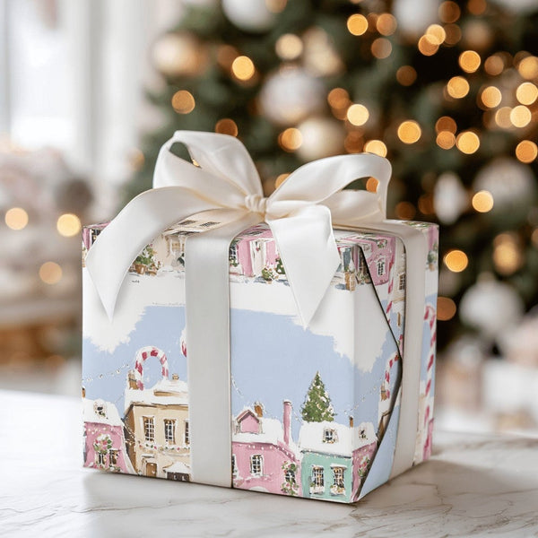 Candy Cane Winter Gift Wrap, Pastel Christmas Village Wrapping Paper, Pink Townhouse Holiday Wrapping Paper