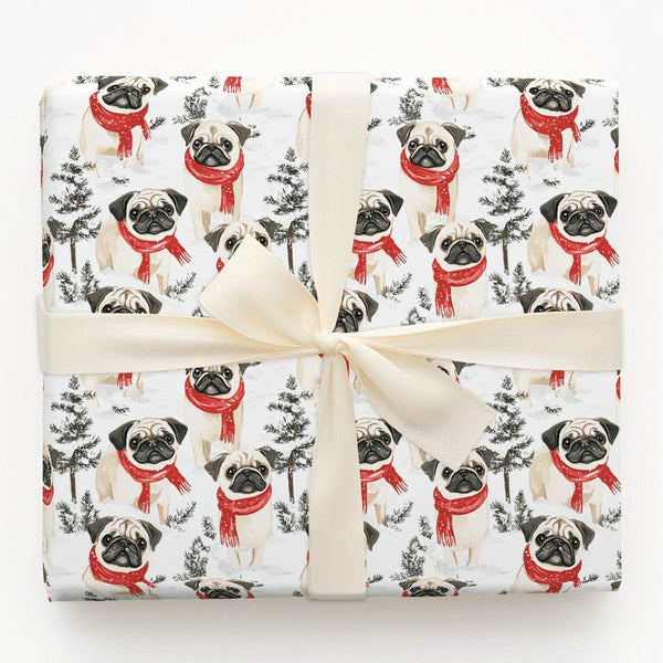 Festive Winter Scarf Pug Gift Wrap, Pug Dog Christmas Wrapping Paper, Holiday Puppy Wrapping Paper, Adorable Dog Lover Christ