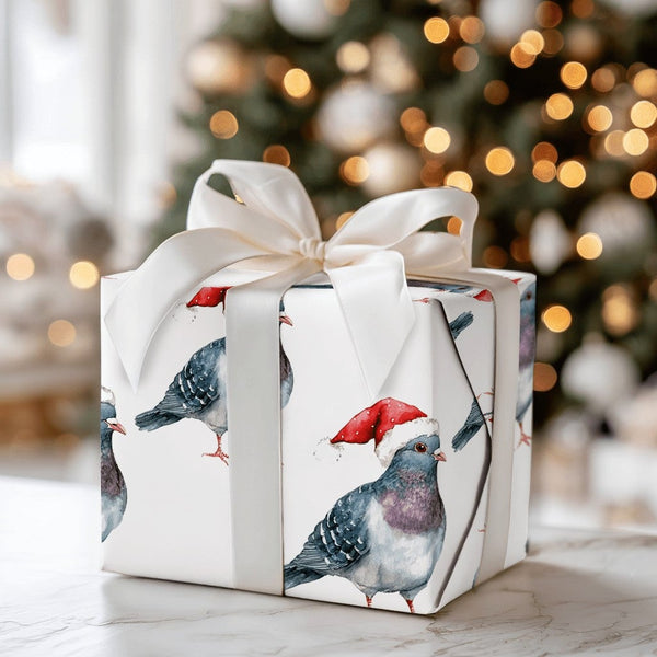 Humorous Holiday Bird Gift Wrap, Santa Pigeon Christmas Wrapping Paper, Quirky Urban Animal Wrapping Paper, Novelty Xmas Gift