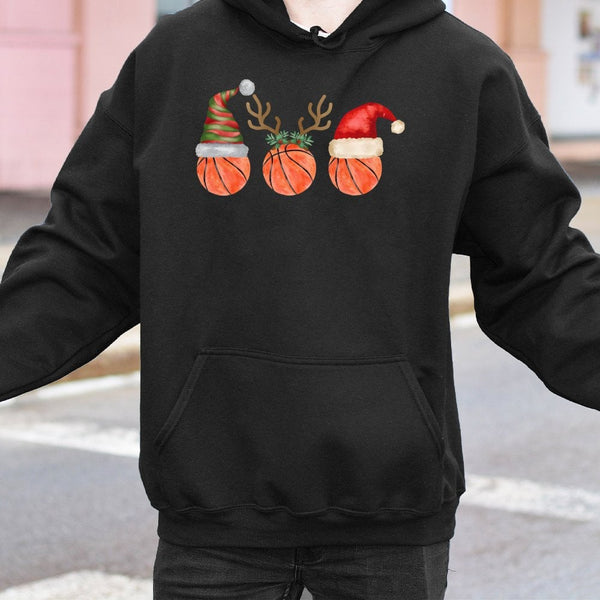 Santa Hat Reindeer Antlers Sweatshirt, Basketball Christmas Hoodie, Humorous Basketball Holiday Pullover, Xmas Sports Fan Hoo