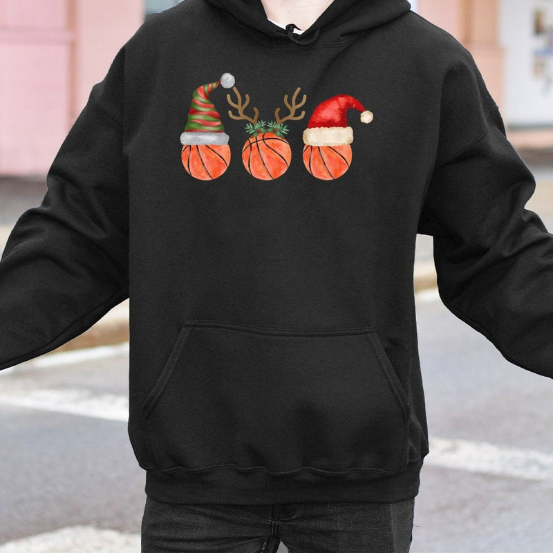Santa Hat Reindeer Antlers Sweatshirt, Basketball Christmas Hoodie, Humorous Basketball Holiday Pullover, Xmas Sports Fan Hooded Sweater