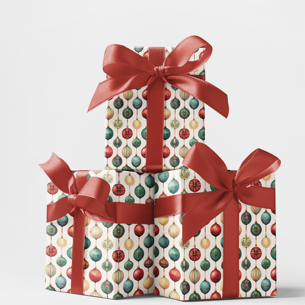 Festive Bauble Holiday Gift Wrap, Vintage Christmas Ornament Wrapping Paper, Retro Xmas Tree Present Paper, Elegant Holiday W