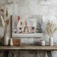 Snowy Winter Landscape Canvas Print, Pink Christmas Cottage Canvas Wall Art, Vintage Holiday Wall Decor, Comfy Seasonal Home Decor Present