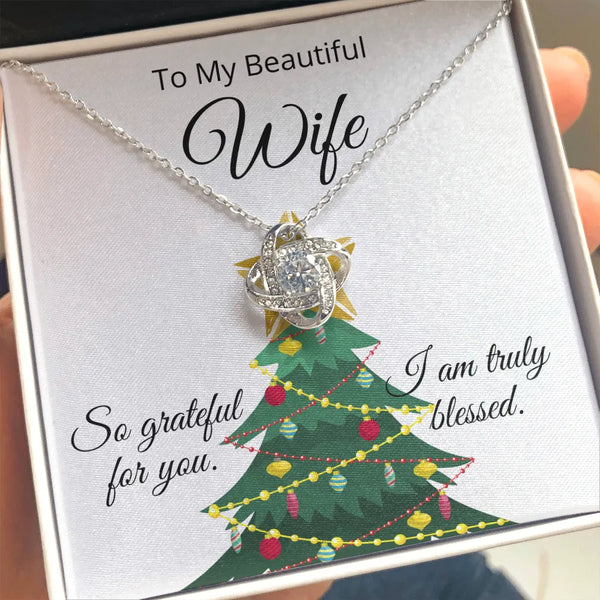 Christmas Message Card Necklace, Love Knot Necklace for Wife, 14k White Gold Over Steel Necklace, Romantic Holiday Jewelry Pr