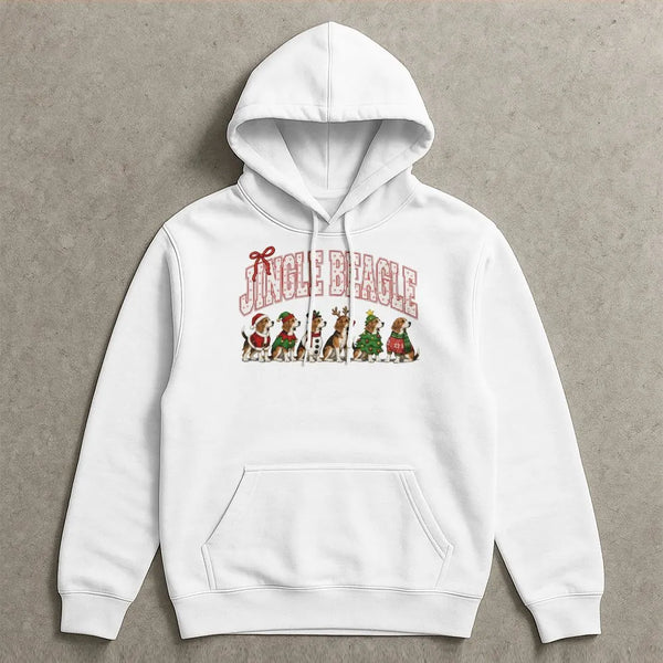 Christmas Beagle Dog Hooded Sweatshirt, Jingle Beagle Hoodie, Humorous Holiday Dog Lover Pullover, Adorable Xmas Beagle Prese