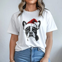 Santa Hat Frenchie Shirt, Boston Terrier Christmas T-Shirt, Adorable Holiday Dog Graphic Tee, Festive Puppy T-Shirt, Xmas Present for Dog Lovers