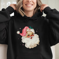 Pink Vintage Christmas Graphic Pullover, Retro Santa Hoodie, Adorable Coquette Holiday Hooded Sweatshirt, Girly Pastel Winter Xmas Present