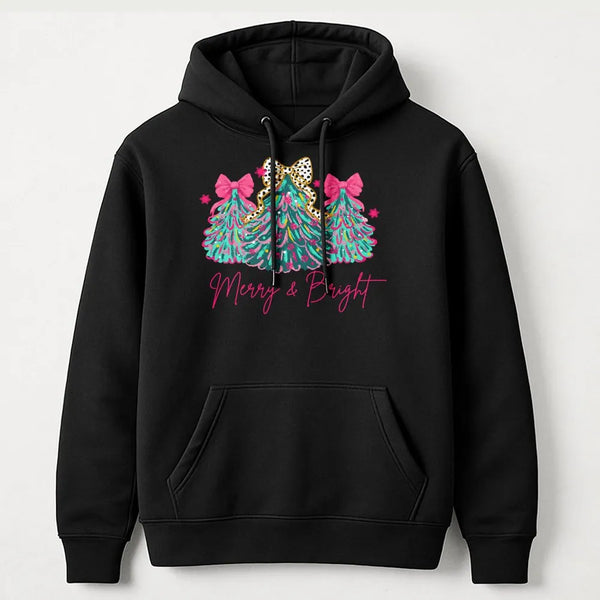 Leopard Bow Christmas Tree Hoodie, Merry and Bright Christmas Tree Hoodie, Retro Christmas Hoodie, Preppy Holiday Sweatshirt,