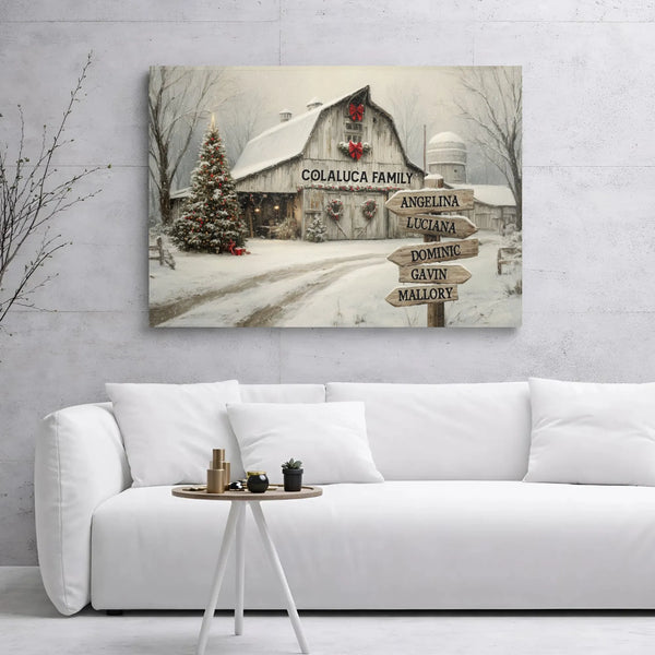 Snowy Barn Winter Canvas, Personalized Family Christmas Canvas, Holiday Barn Landscape Canvas, Custom Winter Decor, Christmas