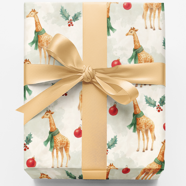 Safari Holiday Gift Wrap, Giraffe Christmas Wrapping Paper, Adorable Winter Animal Gift Wrap, Green Scarf Giraffe Present Pap
