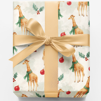 Safari Holiday Gift Wrap, Giraffe Christmas Wrapping Paper, Adorable Winter Animal Gift Wrap, Green Scarf Giraffe Present Paper Roll