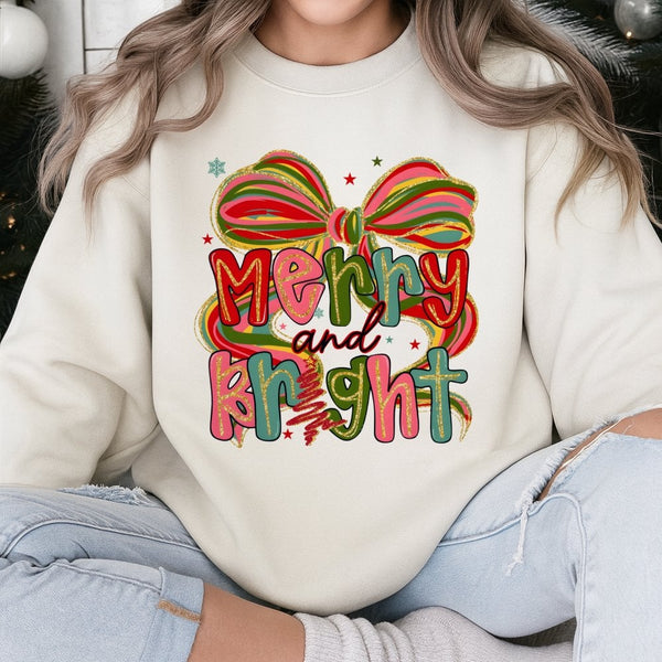 Preppy Coquette Bow Christmas Sweater, Merry and Bright Sweatshirt, Retro Girly Holiday Crewneck, Adorable Winter Season Grap