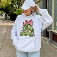 Coquette Bow Holiday Tree Hoodie, Pink Bow Christmas Tree Hoodie, Girly Winter Aesthetic Sweatshirt, Pastel Xmas Graphic Pullover