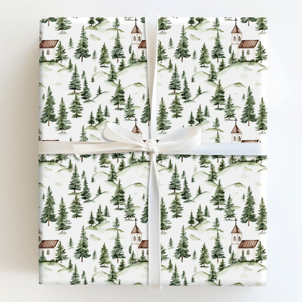 Watercolor Pine Forest Gift Wrap, Country Church Wrapping Paper, Rustic Chapel Present Wrap, Religious Christmas Holiday Pape