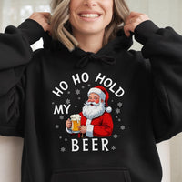 Humorous Christmas Drinking Sweatshirt, Ho Ho Hold My Beer Santa Hoodie, Santa Claus Beer Hooded Sweater, Retro Xmas Hoodie, Beer Lover Present