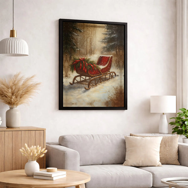 Snowy Forest Winter Canvas Art, Vintage Red Christmas Sleigh Canvas Print, Festive Holiday Canvas Wall Decor, Christmas Lands