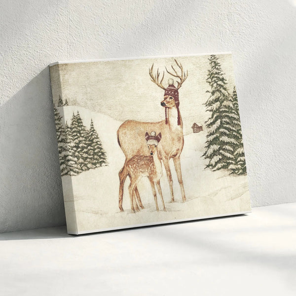 Whimsical Knit Hat Deer Canvas Print, Winter Deer Canvas Wall Art, Rustic Woodland Animal Wall Art, Cabin Christmas Holiday D