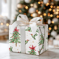 Watercolor Holiday Gift Wrap, Hummingbird Christmas Wrapping Paper, Bird Christmas Tree Wrap, Festive Gift Wrapping Paper Roll