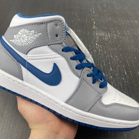Mid Top Basketball Shoes, Blue White Gray Colorway, Lace Up Design, Casual Gift for Shoe Lovers